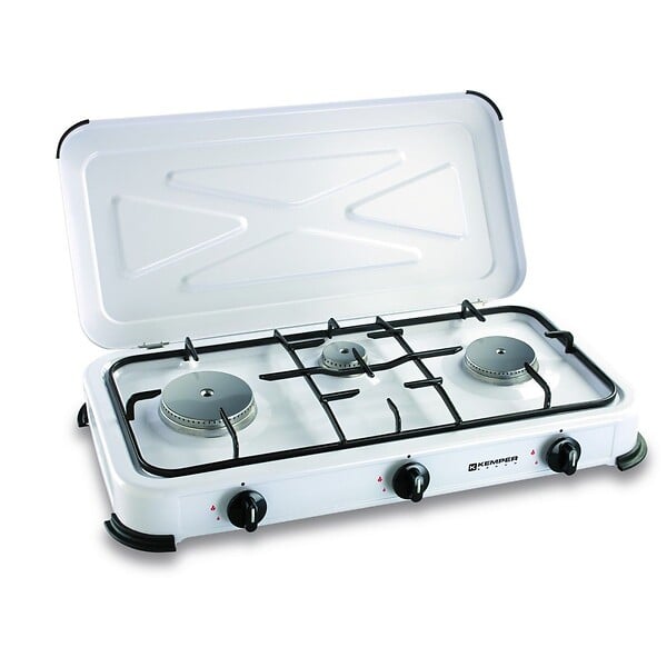 KEMPER - Plaque de cuisson gaz 3 feux portable 3450W Réchaud Camping Blanc Couvercle amovible KEMPER - large