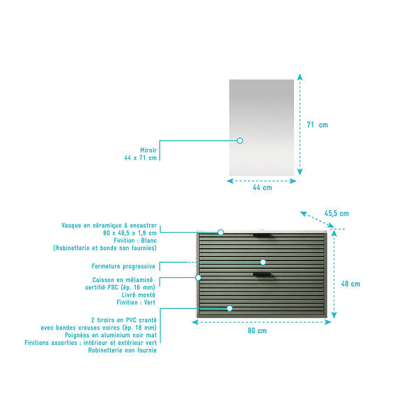 AURLANE - Meuble Salle de Bain Cranté Vert et Noir 80cm - 2 Tiroirs, Vasque et Miroir - MALO - large
