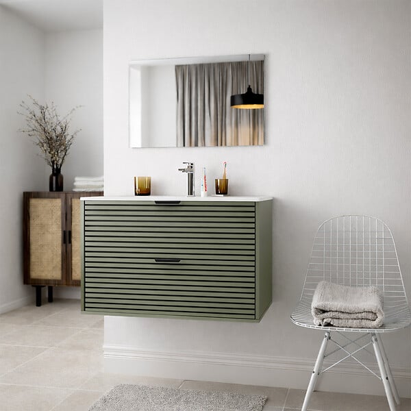 AURLANE - Meuble Salle de Bain Cranté Vert et Noir 80cm - 2 Tiroirs, Vasque et Miroir - MALO - large
