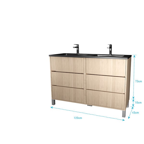 AURLANE - Meuble de salle de bains 120 cm 6 Tiroirs Chêne Clair + Vasque Double Céramique Noire - XENOS - large
