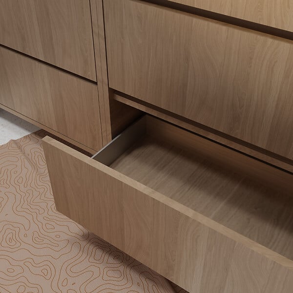 AURLANE - Meuble de salle de bains 120 cm 6 Tiroirs Chêne Clair + Vasque Double Céramique Noire - XENOS - large