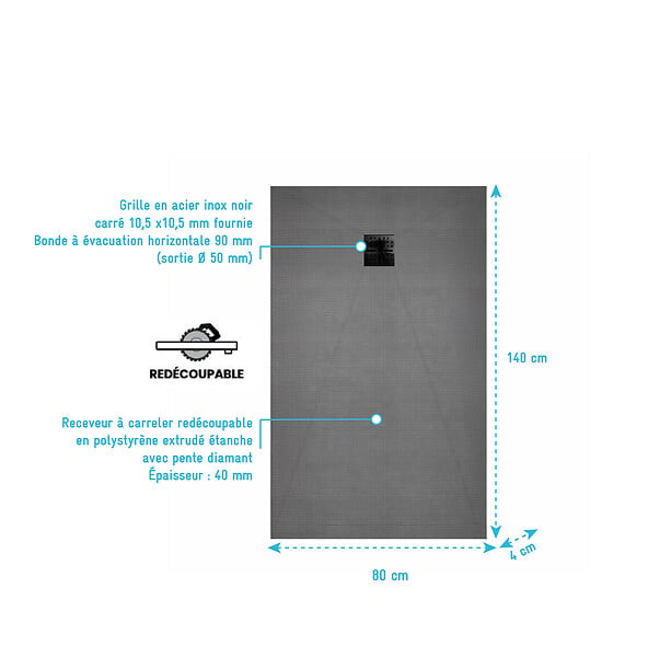 AURLANE - Receveur de Douche à Carreler 140x80cm avec Bonde à Sortie Horizontale - Grille Noire - large