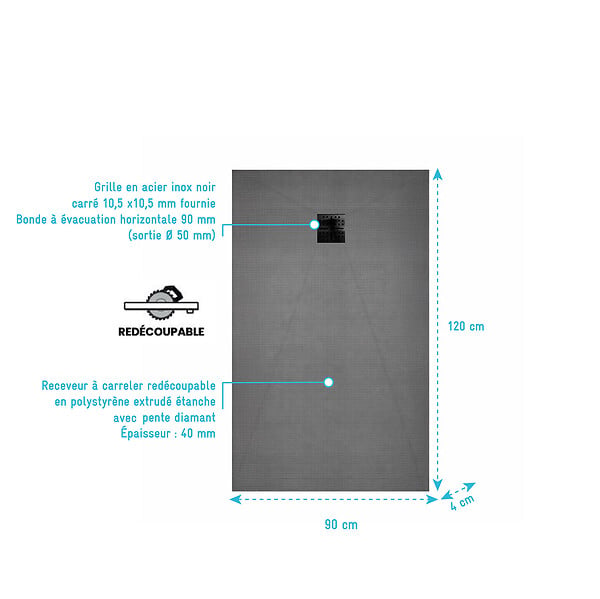 AURLANE - Receveur de Douche à Carreler 120x90cm avec Bonde à Sortie Horizontale - Grille Noire - large