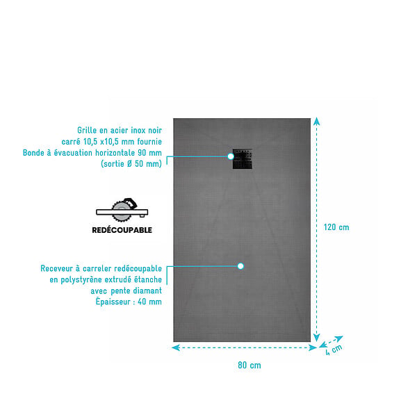 AURLANE - Receveur de Douche à Carreler 120x80cm avec Bonde à Sortie Horizontale - Grille Noire - large