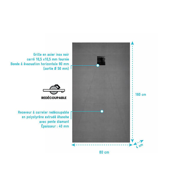 AURLANE - Receveur de Douche à Carreler 160x80cm avec Bonde à Sortie Horizontale - Grille Noire - large