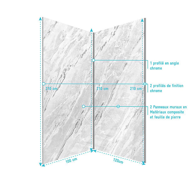 AURLANE - Pack 2 Panneaux Muraux Pierre Artic Storm 100+120x210 + Profilés Chrome - STONE'IT - large