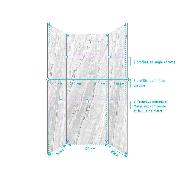 AURLANE - Pack 3 Panneaux Muraux Pierre Artic Storm 80(x2)+120x210cm + Profilés Chrome - STONE'IT - large