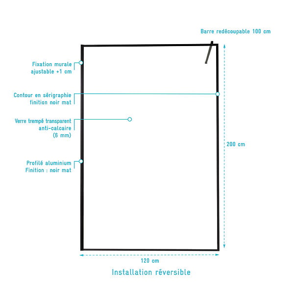 AURLANE - Paroi de Douche 120x200cm - Verre trempé 6mm - Encadrement Ultra-fin Sérigraphié - Finition Noir - large