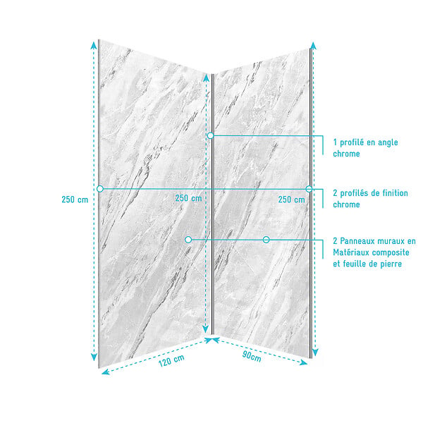 AURLANE - Pack 2 Panneaux Muraux Pierre Artic Storm 90+120x250 + Profilés Chrome - STONE'IT - large