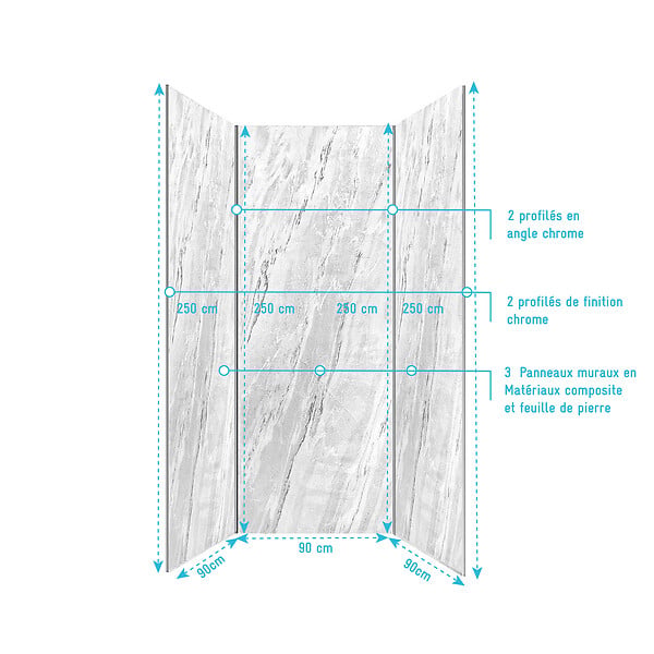 AURLANE - Pack 3 Panneaux Muraux Pierre Artic Storm 90x250 cm + Profilés Chrome - STONE'IT - large