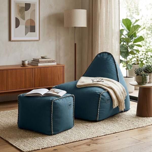 SOO  SANTAI - Fauteuil poire intérieur avec repose pieds 90x60x85/45x60x35 cm AVEC billes Bleu jeans (BINDR9080-1-SET) - large