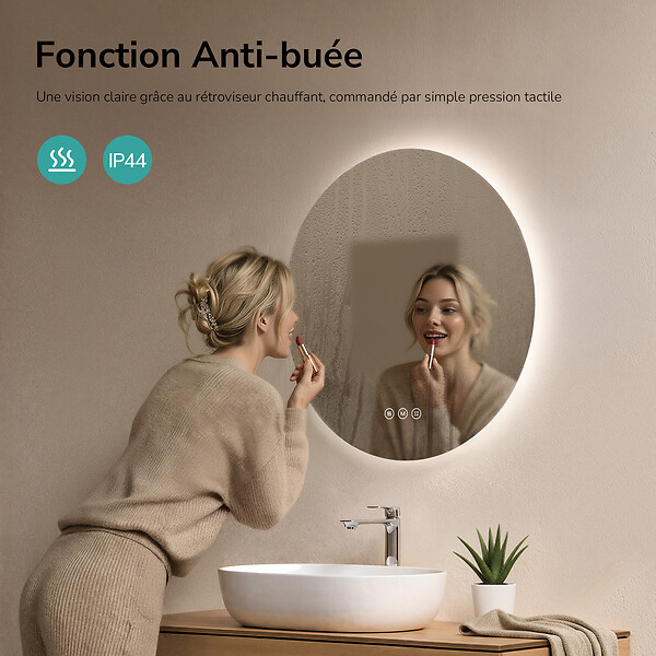 EMKE - EMKE Miroir de salle de bain LED rond diamètre 60 cm, Anti-buée, Rétro-éclairage sans cadre, Interrupteur Tactile, 3 Couleurs de Lumière - large