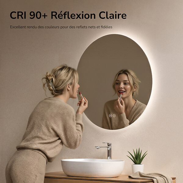 EMKE - EMKE Miroir de salle de bain LED rond diamètre 80 cm, Rétro-éclairage sans cadre, Interrupteur Tactile, 3 Couleurs de Lumière - large