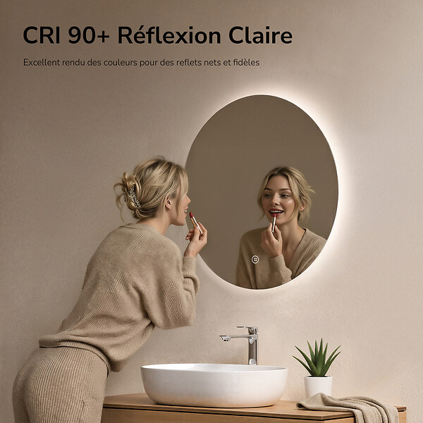 EMKE - EMKE Miroir salle de bain LED, diamètre 50cm, rétro-éclairage sans cadre, interrupteur tactile, intensité réglable, éclatant blanc froid - large