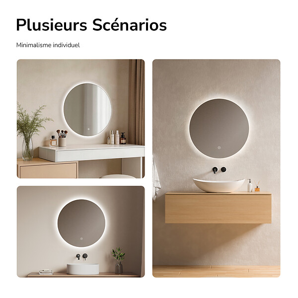 EMKE - EMKE Miroir salle de bain LED, diamètre 50cm, rétro-éclairage sans cadre, interrupteur tactile, intensité réglable, éclatant blanc froid - large