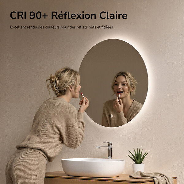 EMKE - EMKE Miroir salle de bain LED, diamètre 60cm, rétro-éclairage sans cadre, interrupteur tactile, intensité réglable, éclatant blanc froid - large
