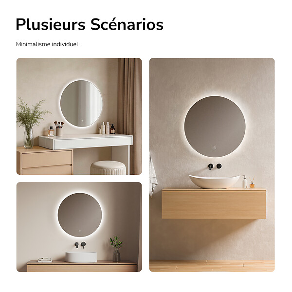 EMKE - EMKE Miroir salle de bain LED, diamètre 60cm, rétro-éclairage sans cadre, interrupteur tactile, intensité réglable, éclatant blanc froid - large