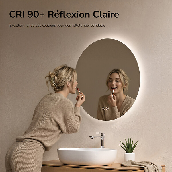EMKE - EMKE Miroir de salle de bain LED rond diamètre 70 cm, Rétro-éclairage sans cadre, Interrupteur Tactile, 3 Couleurs de Lumière - large