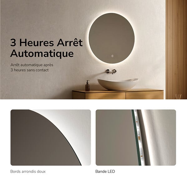 EMKE - EMKE Miroir salle de bain LED, diamètre 70cm, rétro-éclairage sans cadre, interrupteur tactile, intensité réglable, éclatant blanc froid - large