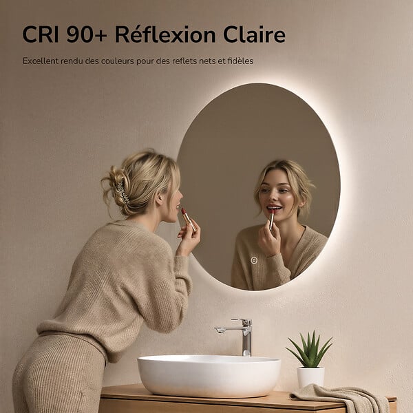 EMKE - EMKE Miroir salle de bain LED, diamètre 70cm, rétro-éclairage sans cadre, interrupteur tactile, intensité réglable, éclatant blanc froid - large