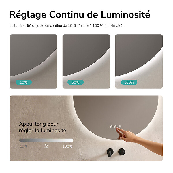 EMKE - EMKE Miroir de salle de bain LED rond diamètre 70 cm, Anti-buée, Rétro-éclairage sans cadre, Interrupteur Tactile, 3 Couleurs de Lumière - large