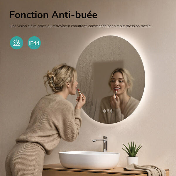 EMKE - EMKE Miroir de salle de bain LED rond diamètre 70 cm, Anti-buée, Rétro-éclairage sans cadre, Interrupteur Tactile, 3 Couleurs de Lumière - large