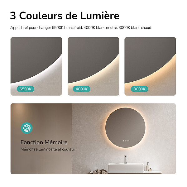 EMKE - EMKE Miroir de salle de bain LED rond diamètre 50 cm, Anti-buée, Rétro-éclairage sans cadre, Interrupteur Tactile, 3 Couleurs de Lumière - large