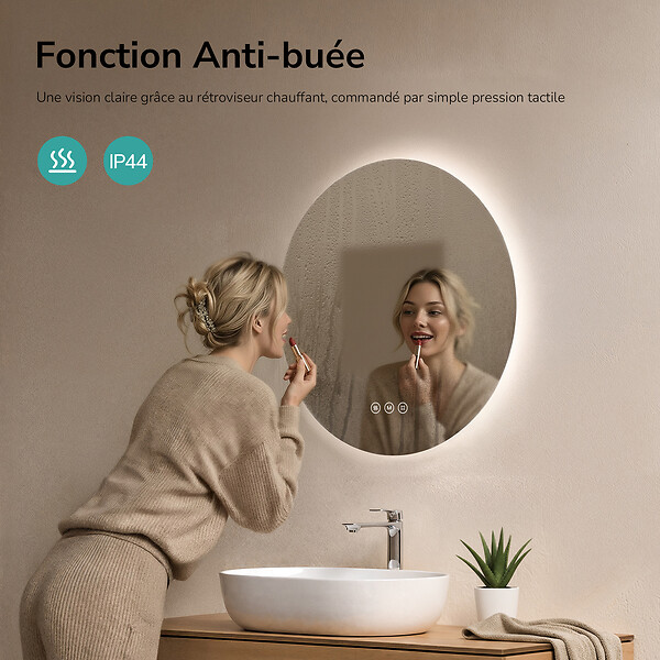 EMKE - EMKE Miroir de salle de bain LED rond diamètre 50 cm, Anti-buée, Rétro-éclairage sans cadre, Interrupteur Tactile, 3 Couleurs de Lumière - large