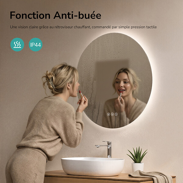 EMKE - EMKE Miroir de salle de bain LED rond diamètre 80 cm, Anti-buée, Rétro-éclairage sans cadre, Interrupteur Tactile, 3 Couleurs de Lumière - large