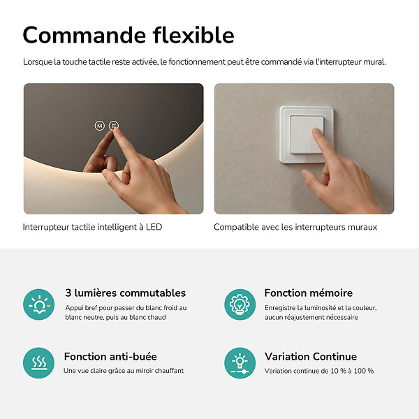 EMKE - EMKE Miroir de salle de bain LED rond diamètre 50 cm, Rétro-éclairage sans cadre, Interrupteur Tactile, 3 Couleurs de Lumière - large