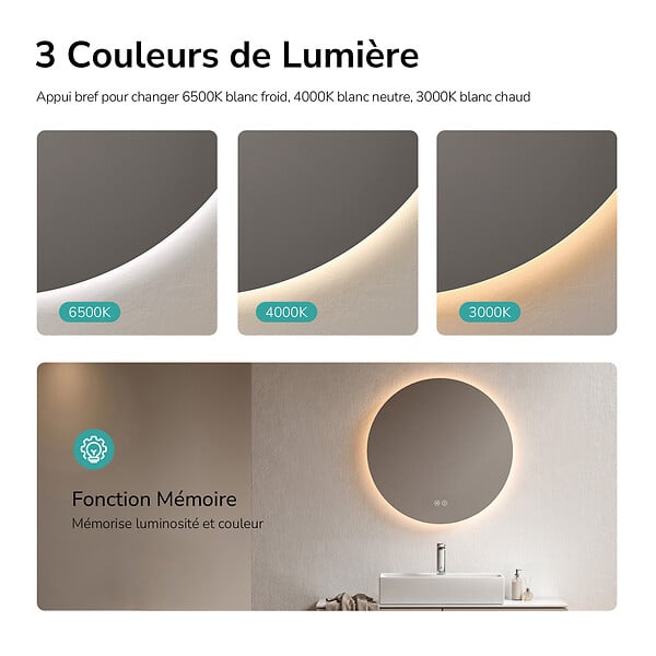 EMKE - EMKE Miroir de salle de bain LED rond diamètre 60 cm, Rétro-éclairage sans cadre, Interrupteur Tactile, 3 Couleurs de Lumière - large
