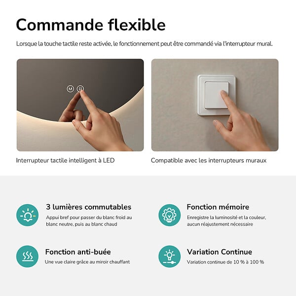 EMKE - EMKE Miroir de salle de bain LED rond diamètre 60 cm, Rétro-éclairage sans cadre, Interrupteur Tactile, 3 Couleurs de Lumière - large