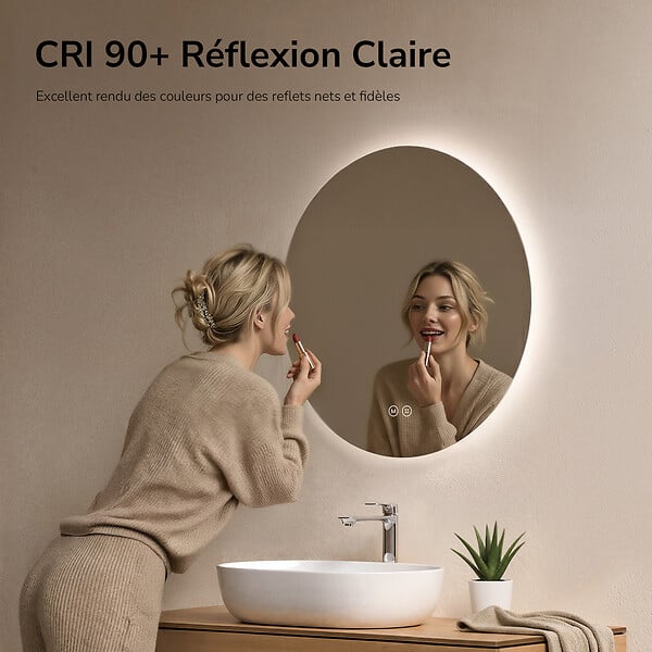 EMKE - EMKE Miroir de salle de bain LED rond diamètre 60 cm, Rétro-éclairage sans cadre, Interrupteur Tactile, 3 Couleurs de Lumière - large