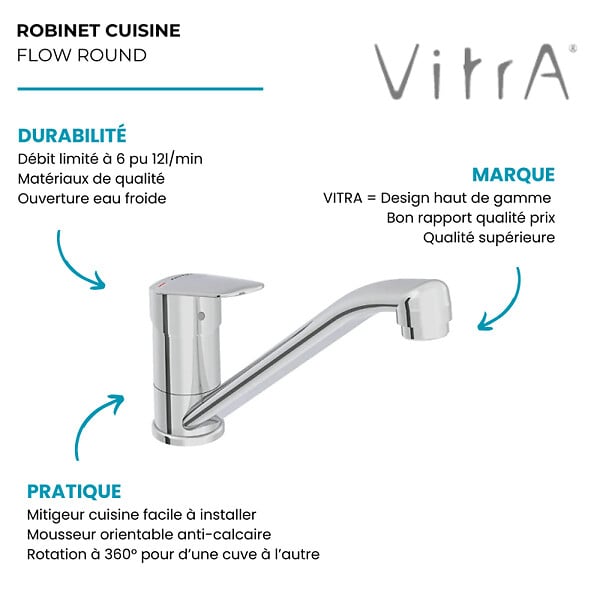 VITRA - Mitigeur de cuisine bec bas cartouche 1/2 C2 éco - VITRA - A43429EKF - large