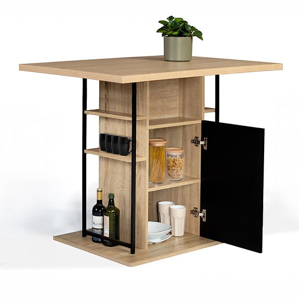 ID MARKET - Ilot central UGO 110 cm bois noir et imitation hêtre avec rangements design industriel - large
