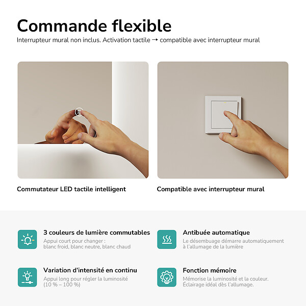 EMKE - EMKE Miroir LED de Salle de Bain 50 x 70 cm,  Antibuée, Interrupteur Tactile,  Intensité réglable 3 Températures - large