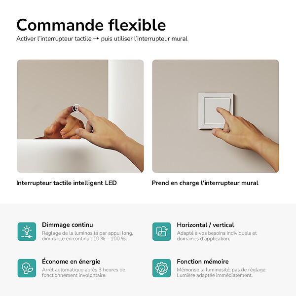EMKE - EMKE Miroir LED Salle de Bain 60 x 80 cm,  Miroir LED avec Interrupteur Tactile,  Intensité réglable, Blanc Froid - large