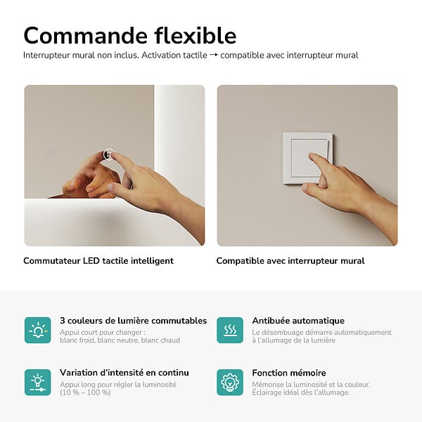 EMKE - EMKE Miroir LED de Salle de Bain 60 x 80 cm,  Antibuée, Interrupteur Tactile,  Intensité réglable 3 Températures - large