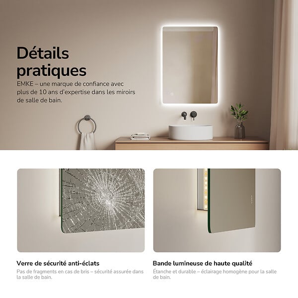 EMKE - EMKE Miroir LED de Salle de Bain 60 x 80 cm,  Antibuée, Interrupteur Tactile,  Intensité réglable 3 Températures - large