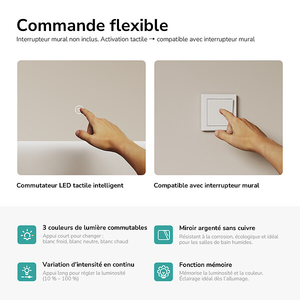 EMKE - EMKE Miroir LED de Salle de Bain 60 x 100 cm,  Interrupteur Tactile, Intensité réglable 3 Températures - large