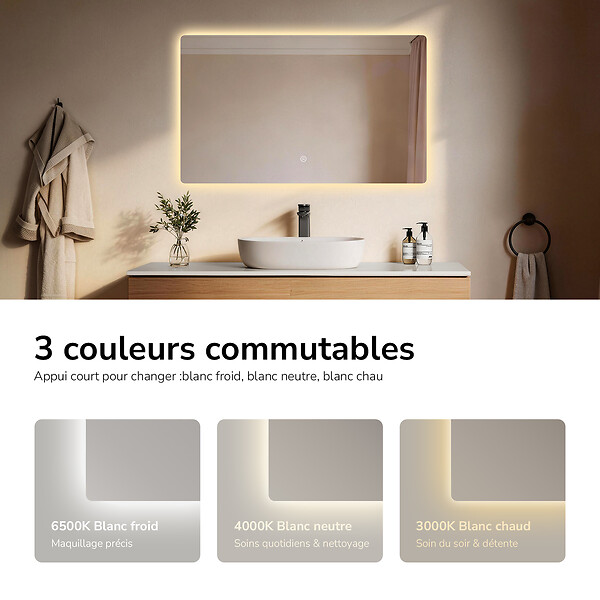 EMKE - EMKE Miroir LED de Salle de Bain 60 x 100 cm,  Interrupteur Tactile, Intensité réglable 3 Températures - large