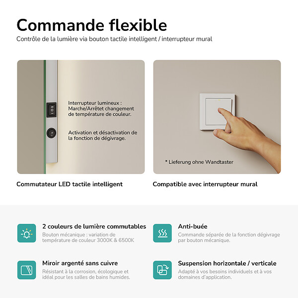 EMKE - EMKE Miroir LED Salle de Bain 60 x 40 cm, Rétro-éclairage, Anti-buée, Interrupteur à bouton, Blanc Froid/Chaud - large