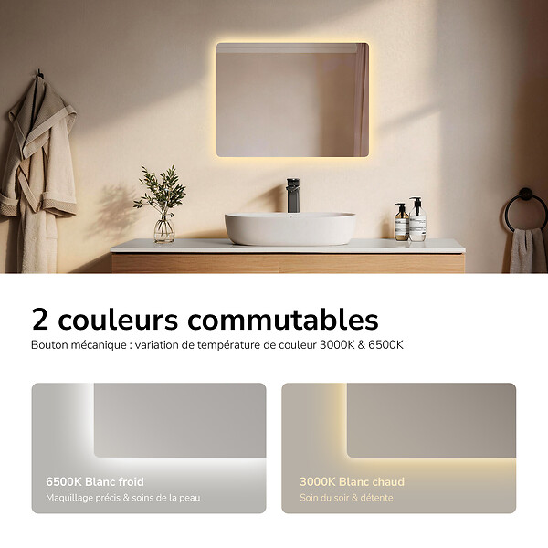 EMKE - EMKE Miroir LED Salle de Bain 60 x 40 cm, Rétro-éclairage, Anti-buée, Interrupteur à bouton, Blanc Froid/Chaud - large