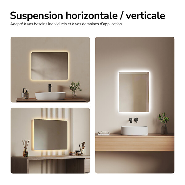EMKE - EMKE Miroir LED Salle de Bain 60 x 40 cm, Rétro-éclairage, Anti-buée, Interrupteur à bouton, Blanc Froid/Chaud - large