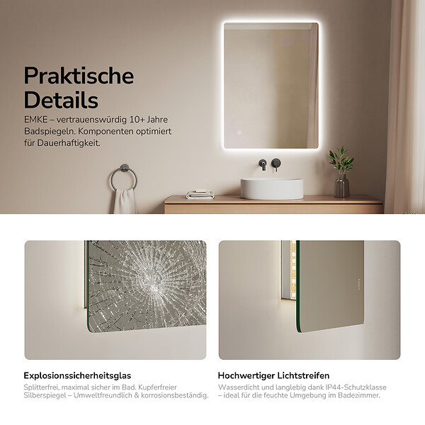 EMKE - EMKE Miroir LED de Salle de Bain 60 x 80 cm,  Interrupteur Tactile, Intensité réglable 3 Températures - large