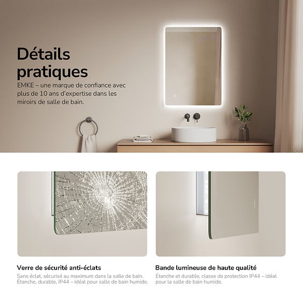 EMKE - EMKE Miroir LED Salle de Bain 50 x 70 cm,  Antibuée, Interrupteur Tactile,  Intensité réglable, Blanc Froid - large