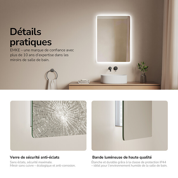EMKE - EMKE Miroir LED Salle de Bain 50 x 70 cm, Verre sans Cuivre, Blanc Froid 6500K, Pose H/V, IP44 - large