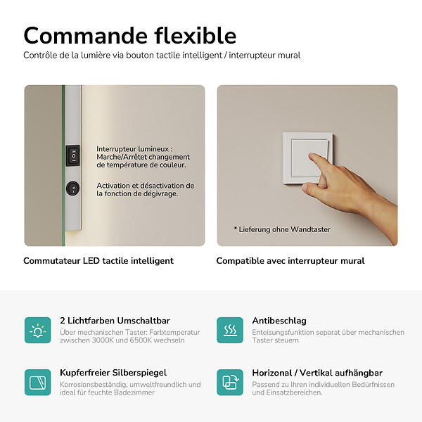EMKE - EMKE Miroir LED Salle de Bain 50 x 60 cm, Rétro-éclairage, Anti-buée, Interrupteur à bouton, Blanc Froid/Chaud - large
