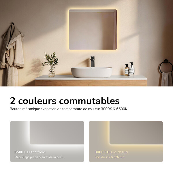 EMKE - EMKE Miroir LED Salle de Bain 50 x 60 cm, Rétro-éclairage, Anti-buée, Interrupteur à bouton, Blanc Froid/Chaud - large