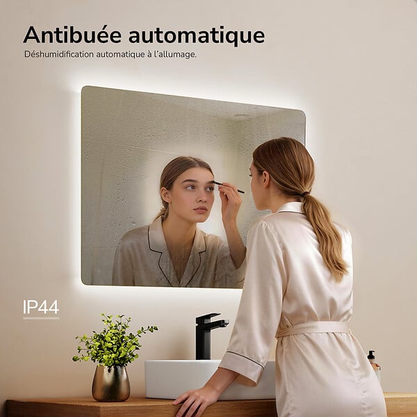 EMKE - EMKE Miroir LED Salle de Bain 60 x 80 cm,  Antibuée, Interrupteur Tactile,  Intensité réglable, Blanc Froid - large
